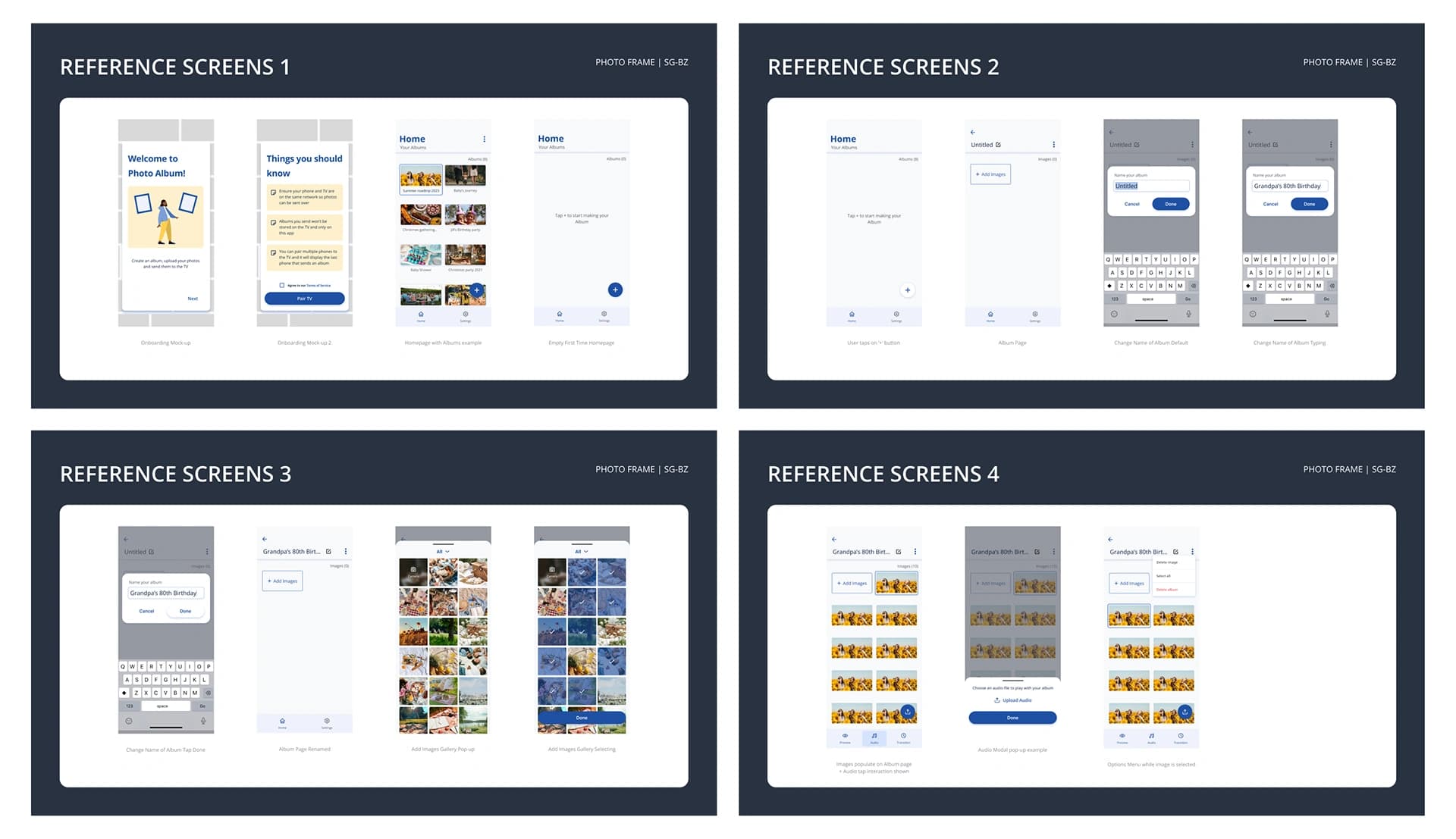 Reference screens designed for the Moments app