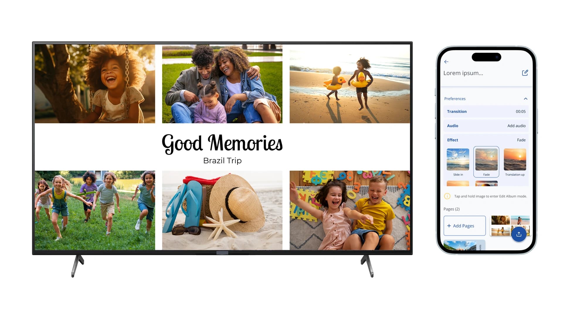 Template Album feature shown on a TV and mobile phone
