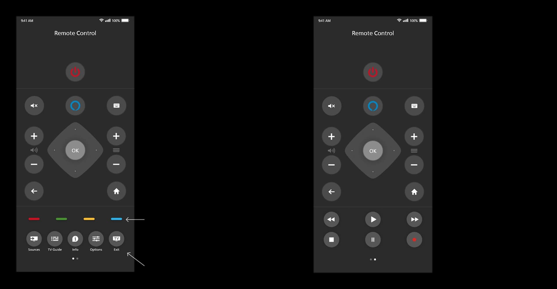 Old Smart TV app remote control with annotations