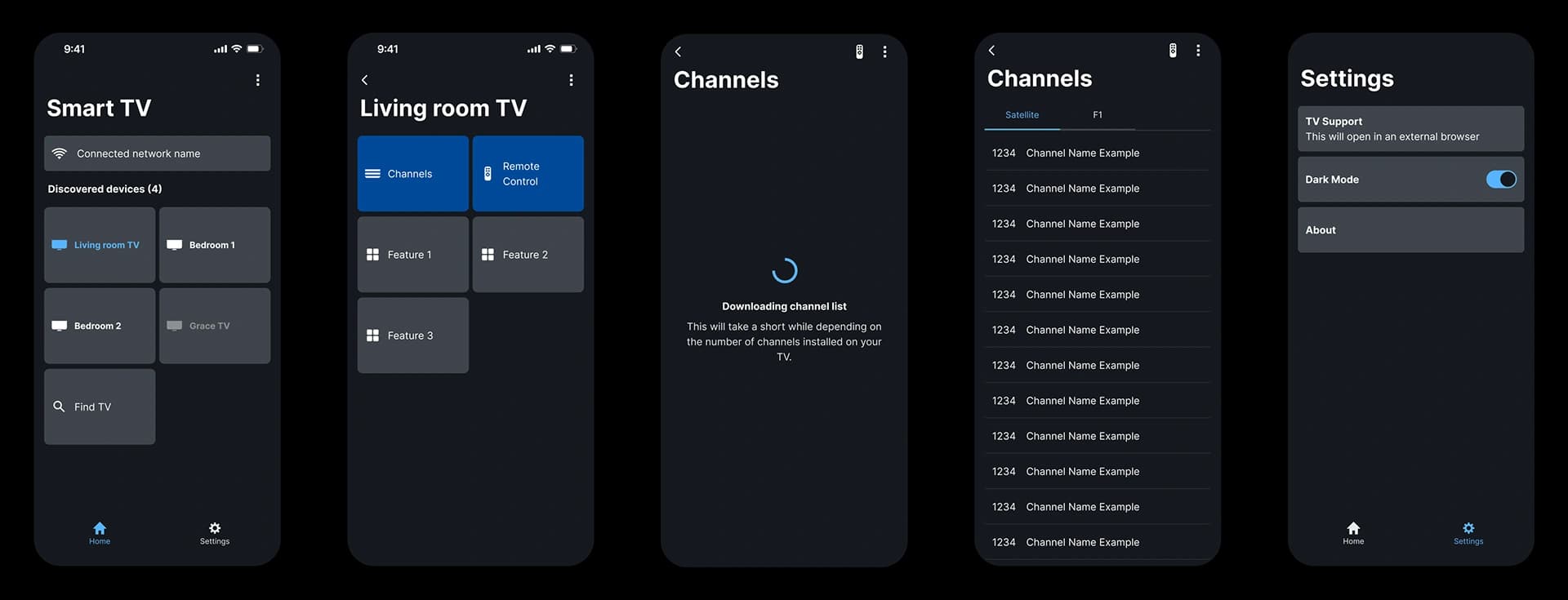 Final UI sample screens in dark mode