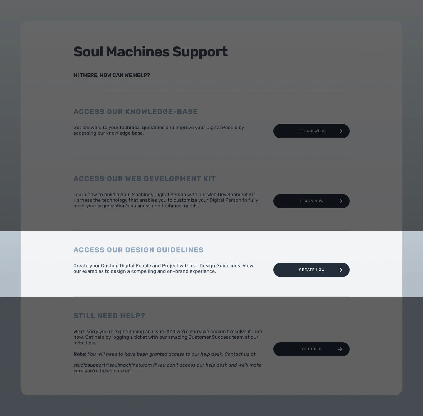 Soul Machines Support section layout